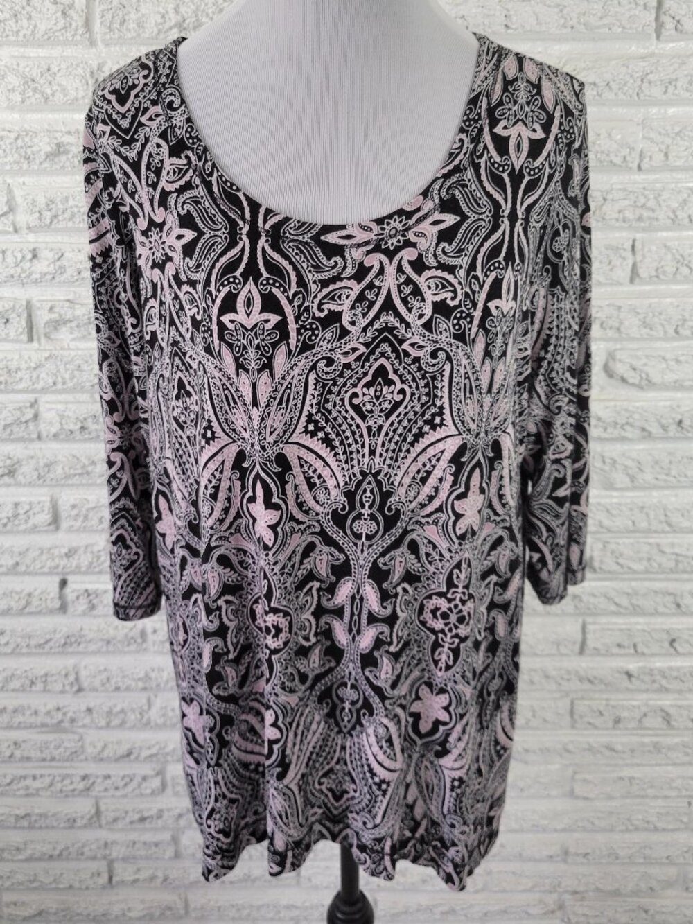 Jones New York 1X Black White Paisley Tunic Womens Plus 3/4 Sleeve PAI51XE